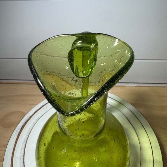 VTG Blown Avacado Green Pitcher Bubble Glass 5.75” Applied Handle - Picture 3 of 3
